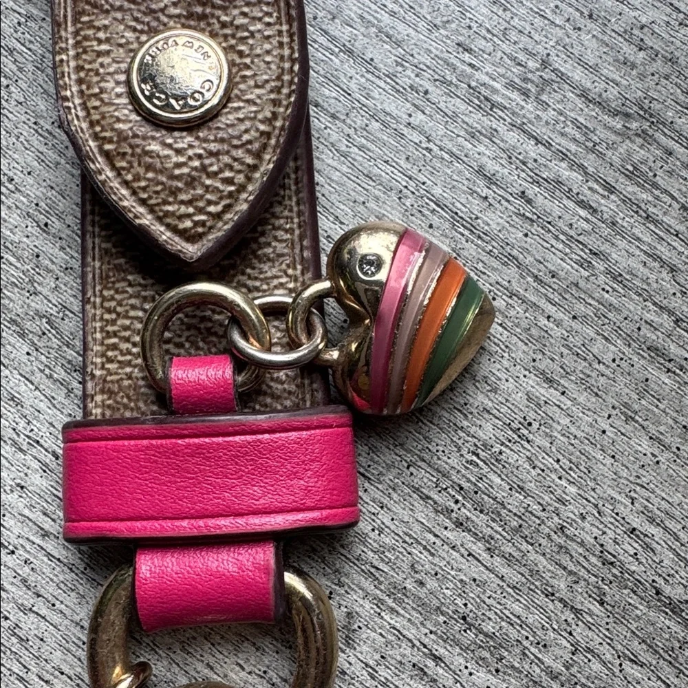 Coach Signature C Pink Striped Heart Charm Hang Tag Dogleash Snap Valet Keychain - Picture 3 of 8